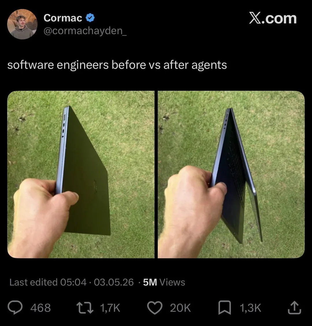 Tweet by @cormachayden_: software engineers before vs after agents. Left: a laptop carried closed. Right: the same laptop carried slightly open so it doesn't sleep.
